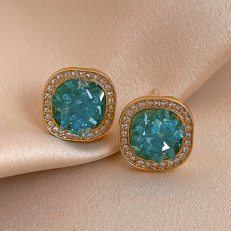Vintage Square Stud Earrings Alloy Rhinestone Lake Blue Natural Stone With S925 Silver Pin Luxury Elegant Jewelry For Women Party Wedding