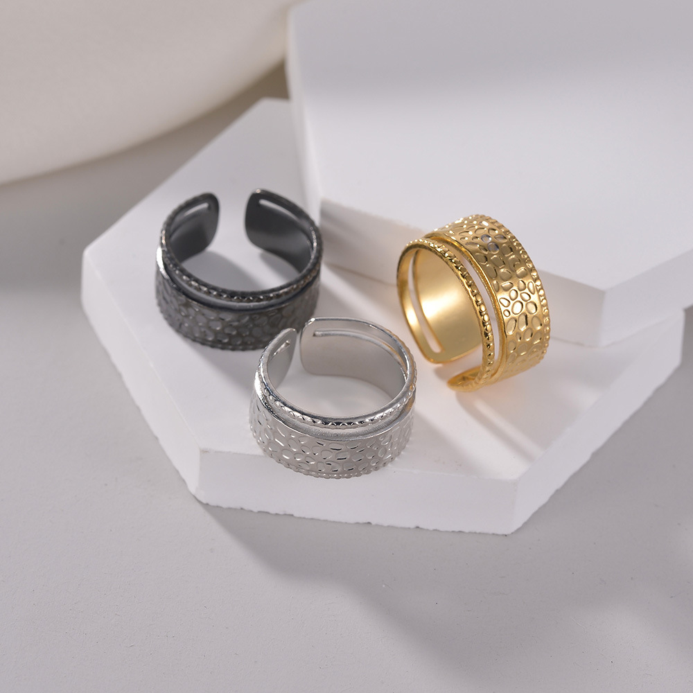 Hammered Texture Titanium Steel Open Rings For Women Double Layer Adjustable Gold Silver Black Geometric Finger Rings Fashion Jewelry