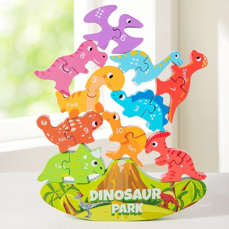 Wooden Magnetic Dinosaur Balance Stacking Blocks Montessori Educational Counting Number Matching Game Toy For Toddlers Kids Training With Storage Bag