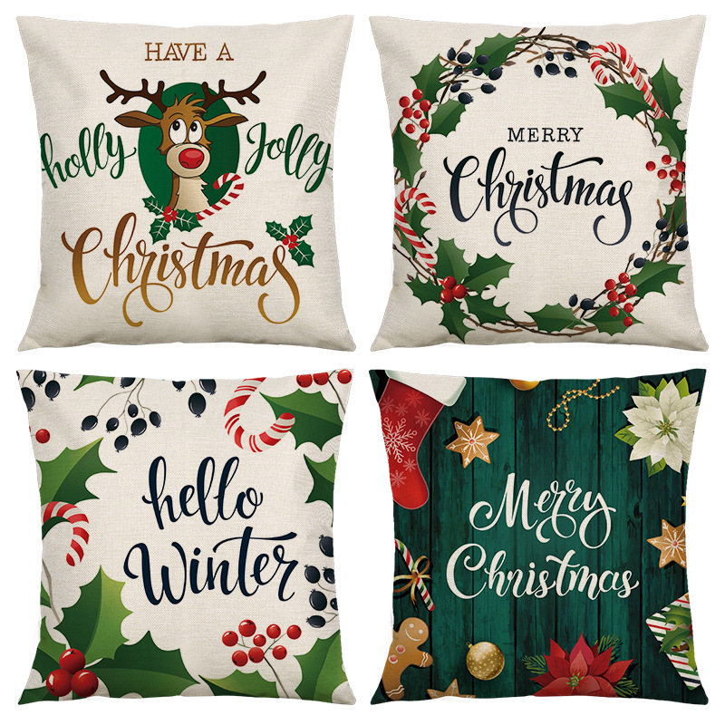 Christmas Throw Pillowcase Linen Cushion Cover 18x18 Inch Decorative Reindeer Wreath Pattern For Sofa Couch Home Decor Xmas Holiday Party
