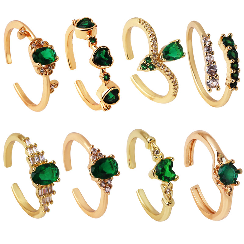 Elegant Retro Emerald Green Heart Oval Zircon Ring Gold Plated Copper Adjustable Open Ring Jewelry For Women