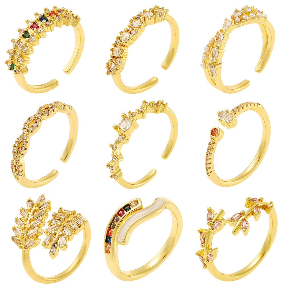 Adjustable Open Rings For Women Copper Gold Plated Micro Paved Zircon Pearl Geometric Leaf Design Elegant Fashion Jewelry