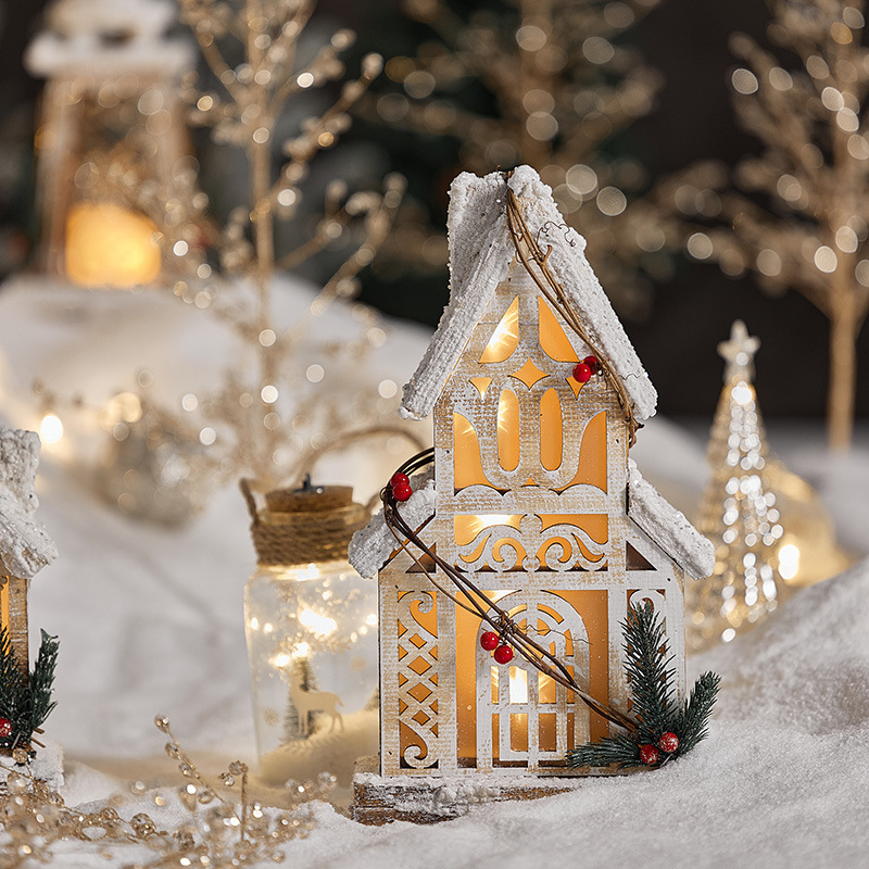 Christmas Wooden Glowing House LED Warm Light Snow Covered Church Desktop Ornament Vintage Holiday Home Party Decoration