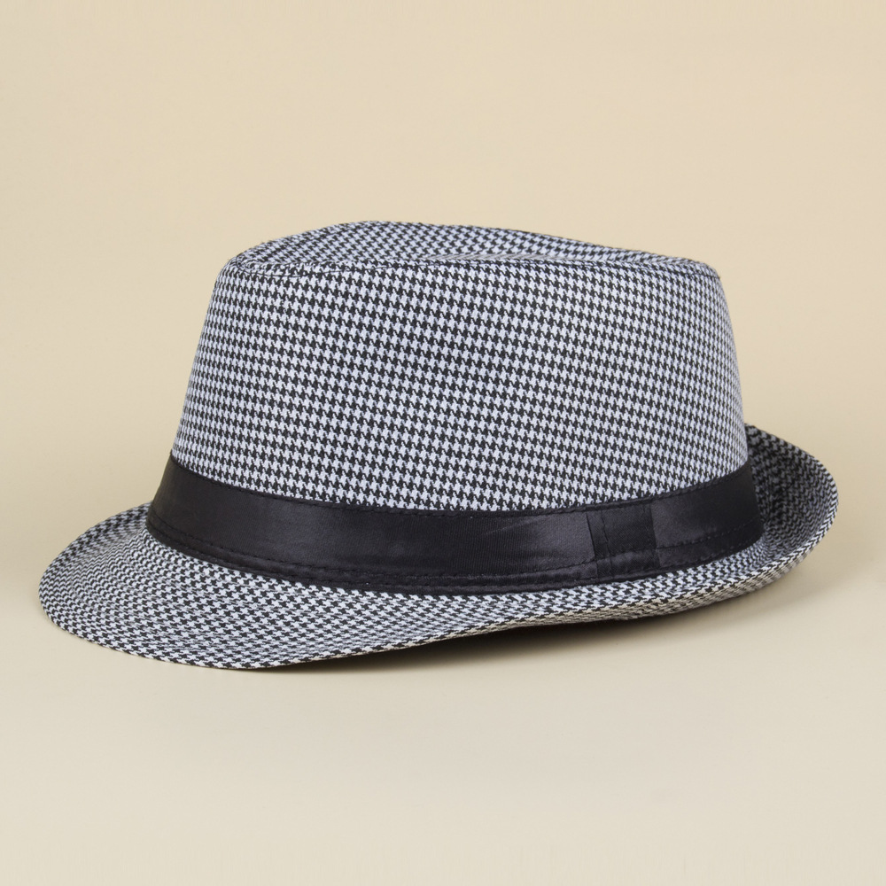 Vintage Houndstooth Fedora Hat Cotton Blend Woven Jazz Hat With Satin Band Short Brim Gentleman Style Casual Sun Hat For Men Women