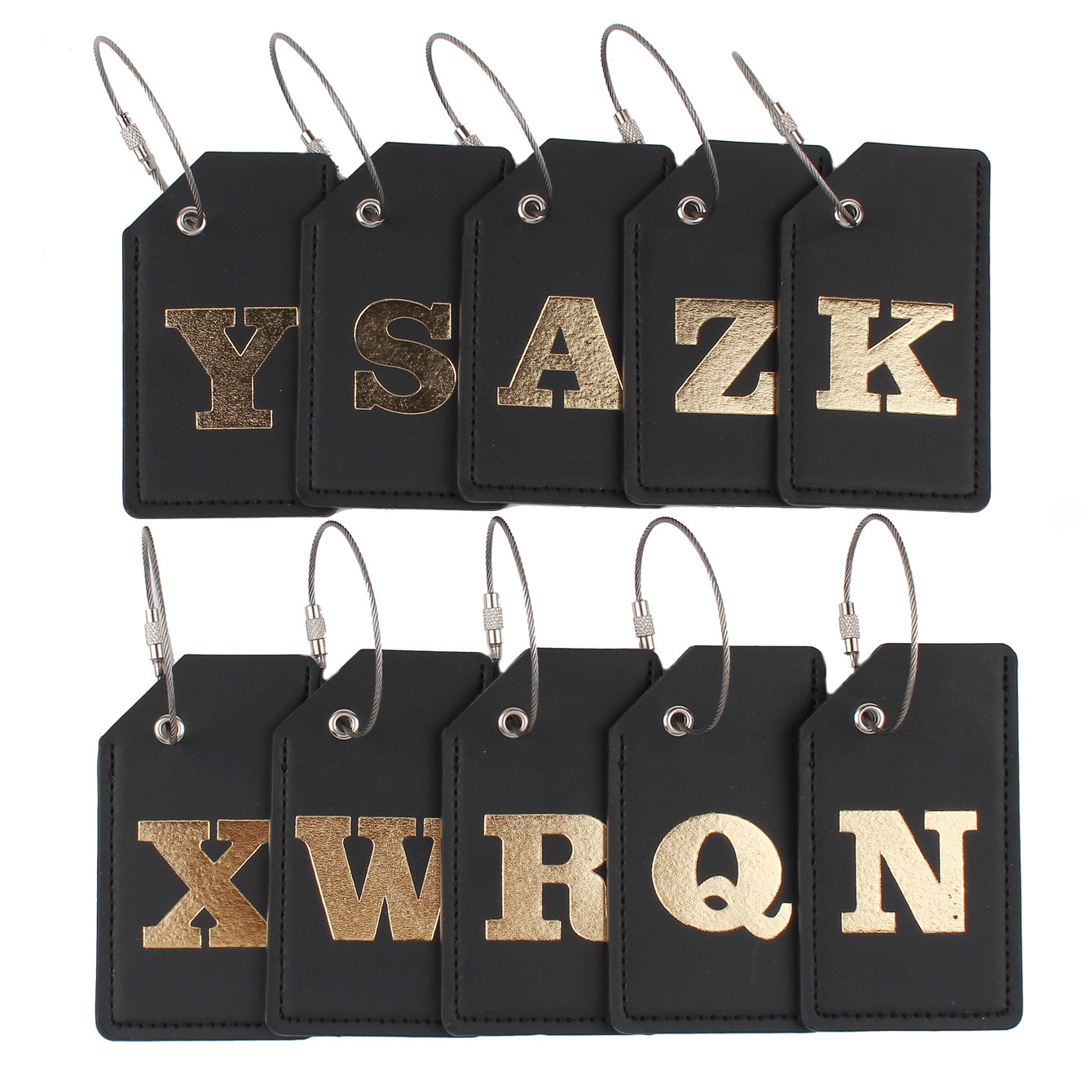 PU Leather Luggage Tag with Gold Foil Initial Letters Waterproof Travel Suitcase ID Label Address Card Holder with Metal Wire Loop