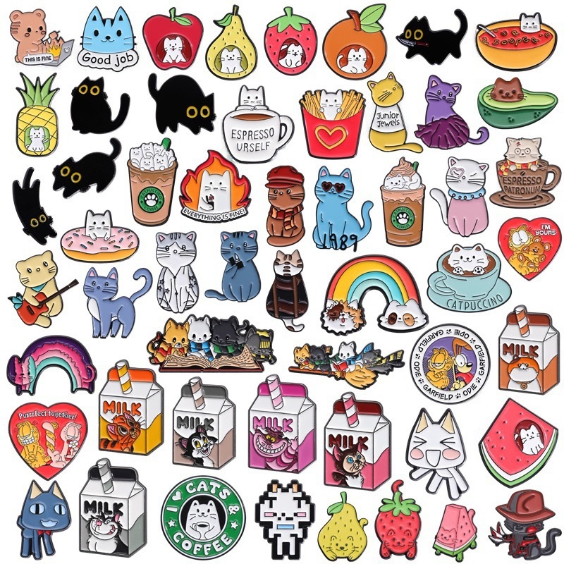 Creative Cartoon Enamel Cat Brooches Set Alloy Fruit Milk Box Coffee Cup Shape Badges For Backpack Clothing Pins Accessories Cute Animal Jewelry For Kids Adults Gifts