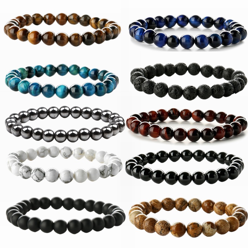 8mm Natural Stone Beaded Bracelets Tiger Eye Lava Stone Agate Turquoise Elastic Hand String For Men Women Daily Casual Jewelry Gift