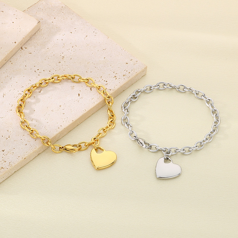 Minimalist Stainless Steel Heart Pendant Link Chain Bracelet Elegant Gold Silver Polished Jewelry For Women Daily Party Dating Gift Choice