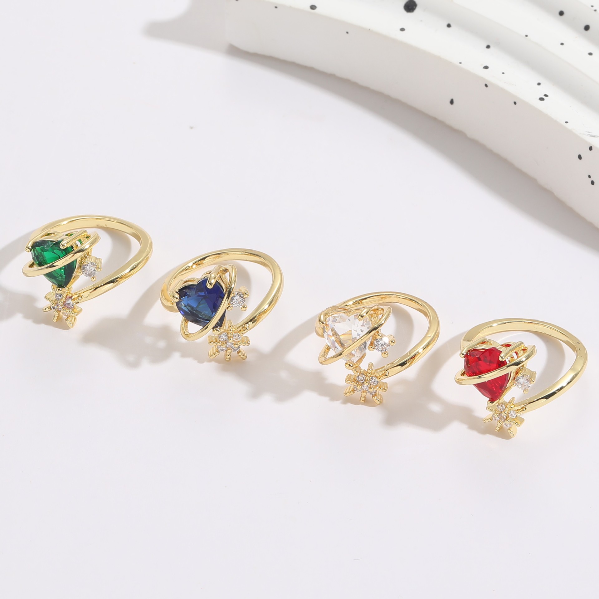 Heart Shaped Cubic Zirconia Planet Ring Copper 14K Gold Plated Adjustable Star Minimalist Jewelry For Women