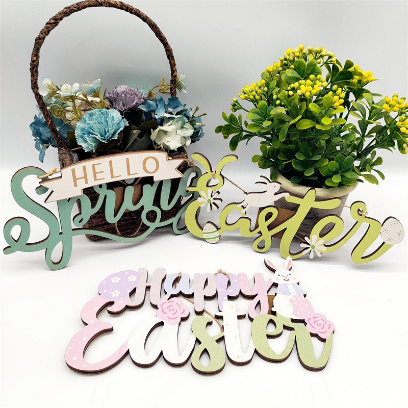 Easter Wooden Hanging Signs Hello Spring Happy Easter Bunny Decorative Plaid Bow Wood Cutout Wall Decor For Home Party Favors General