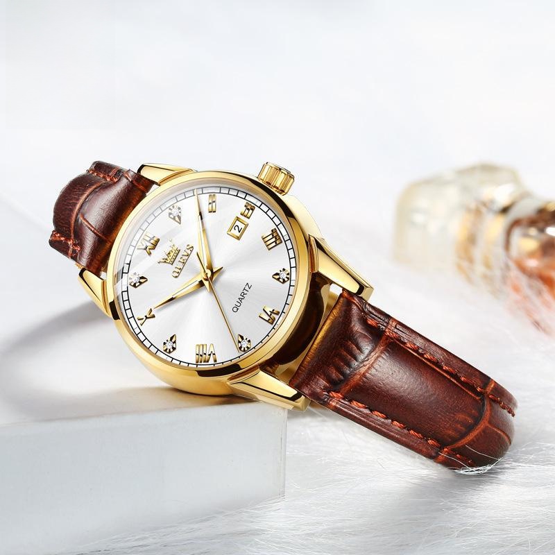 Elegant Quartz Watch With Genuine Leather Strap Alloy Case Luminous Waterproof Calendar Week Display Roman Numerals Women Men Business Fashion Wristwatch