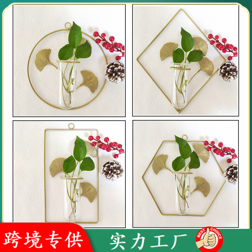 Nordic Gold Metal Iron Wall Hanging Vase Geometric Glass Test Tube Hydroponic Plant Holder With Ginkgo Leaf Wall Decor For Home Living Room Office