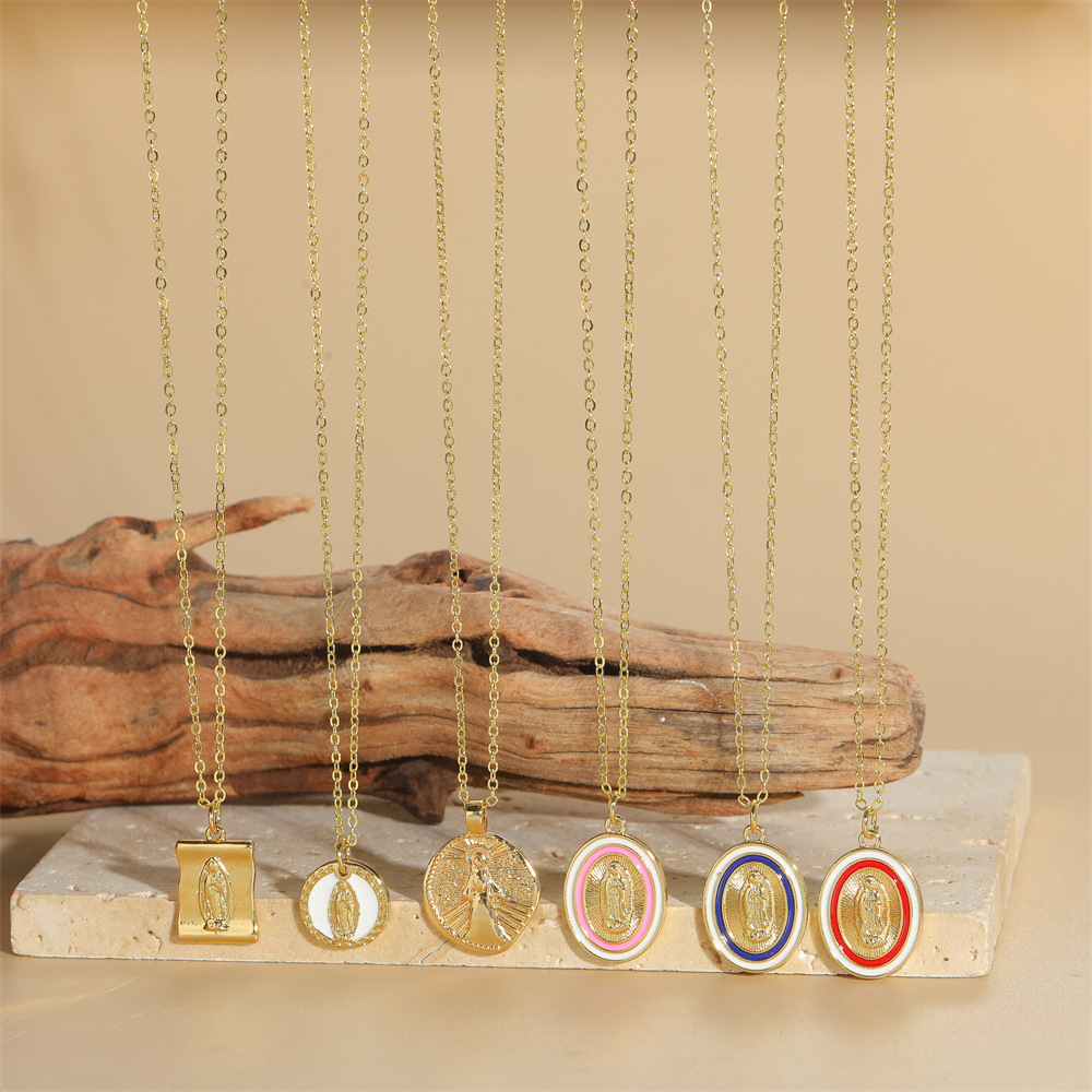 Virgin Mary Pendant Necklace Real Gold Plated Copper Enamel Religious Relief Clavicle Jewelry For Women