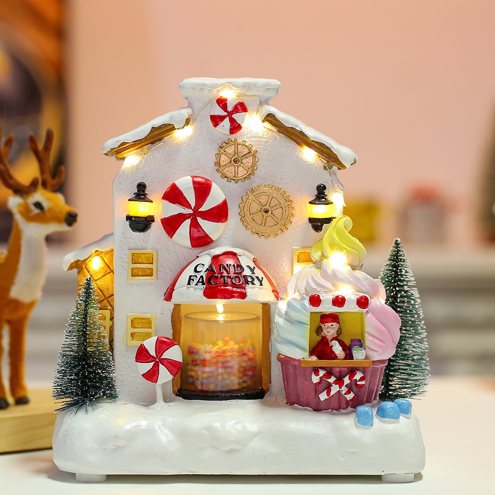 Christmas Musical Candy Factory House Ornament Resin LED Glowing Snow House Rotating Candy Scene Decoration Desktop Holiday Gift Home Decor