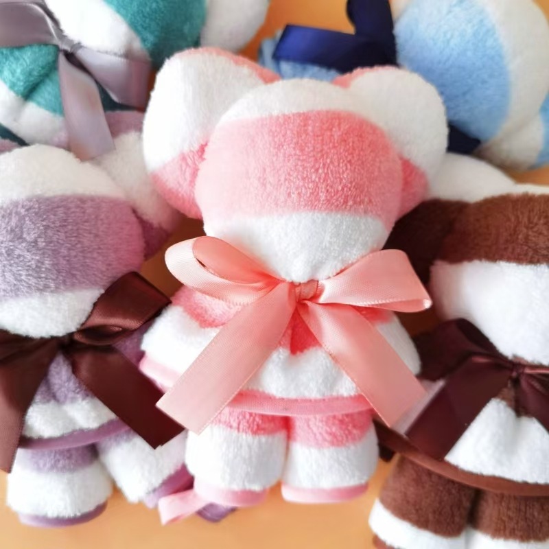 Creative Bear Shaped Towel Coral Fleece Absorbent Striped Hand Towel With Bow Tie Ribbon For Wedding Birthday Party Return Gift Guest Favors