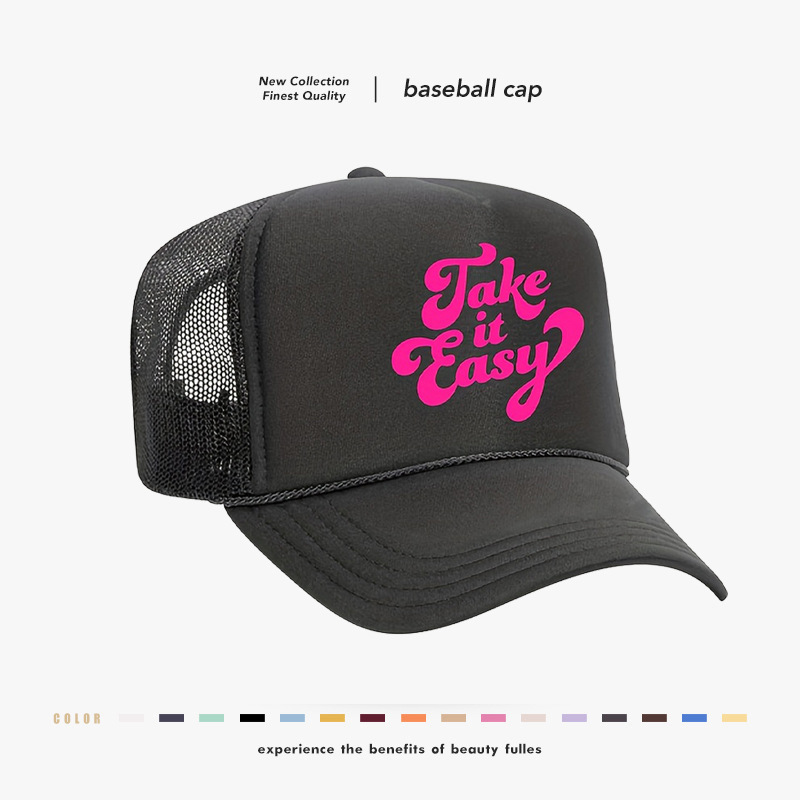 Unisex Take It Easy Print Trucker Hat Cotton Sponge Front Breathable Mesh Back Baseball Cap Adjustable Sun Hat For Outdoor Sports