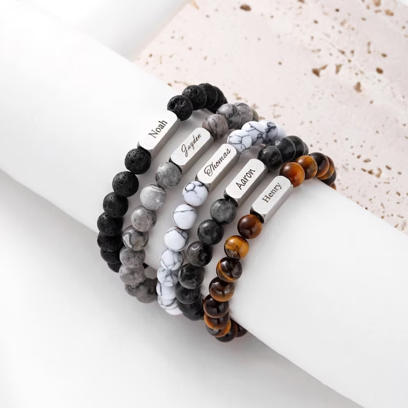 Custom Name Engraving Stainless Steel Natural Stone Beaded Bracelet Personalized Tiger Eye Lava Stone Photo Projection Bracelet For Men Gift