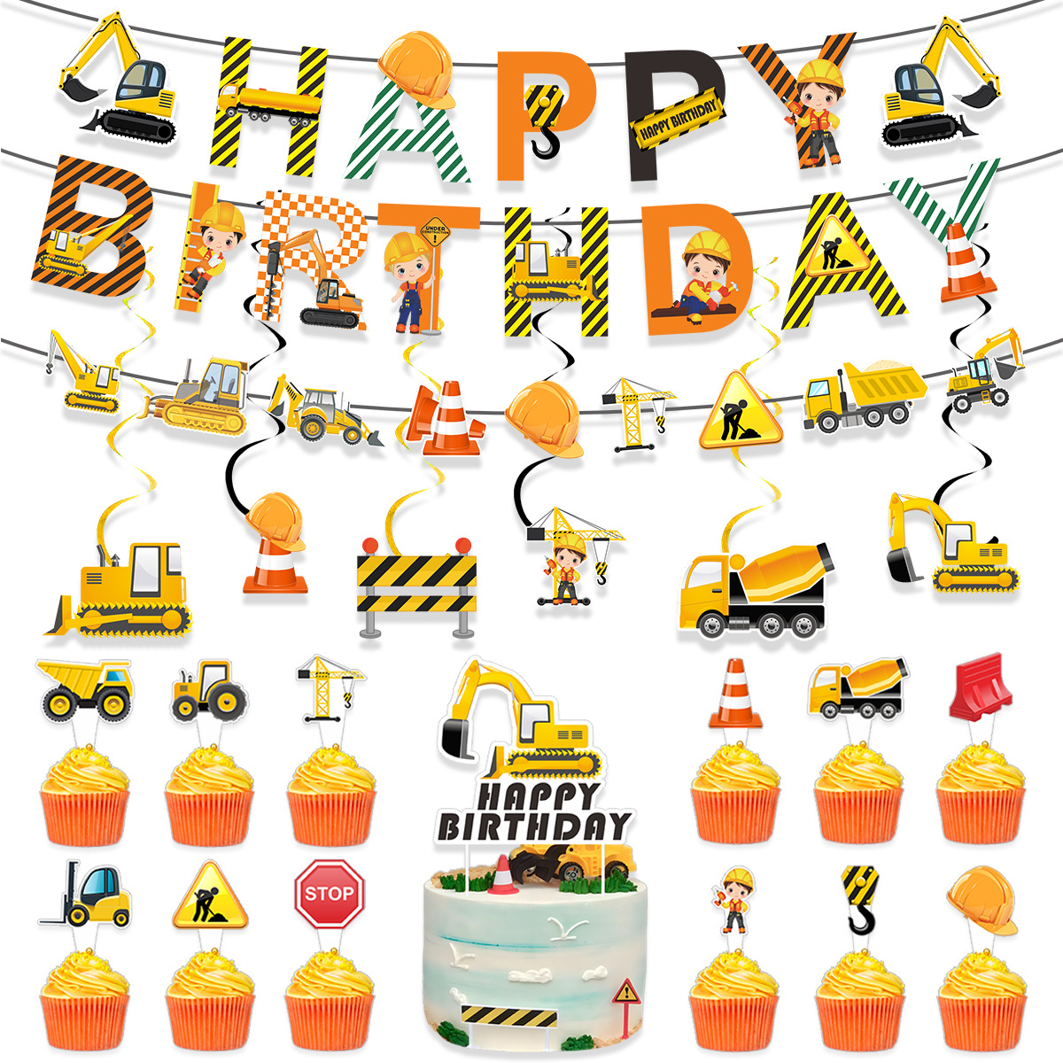 Construction Vehicle Birthday Party Decoration Set Paper Excavator Bulldozer Banner Hanging Swirls Cake Toppers For Kids Boys Party Site Decor