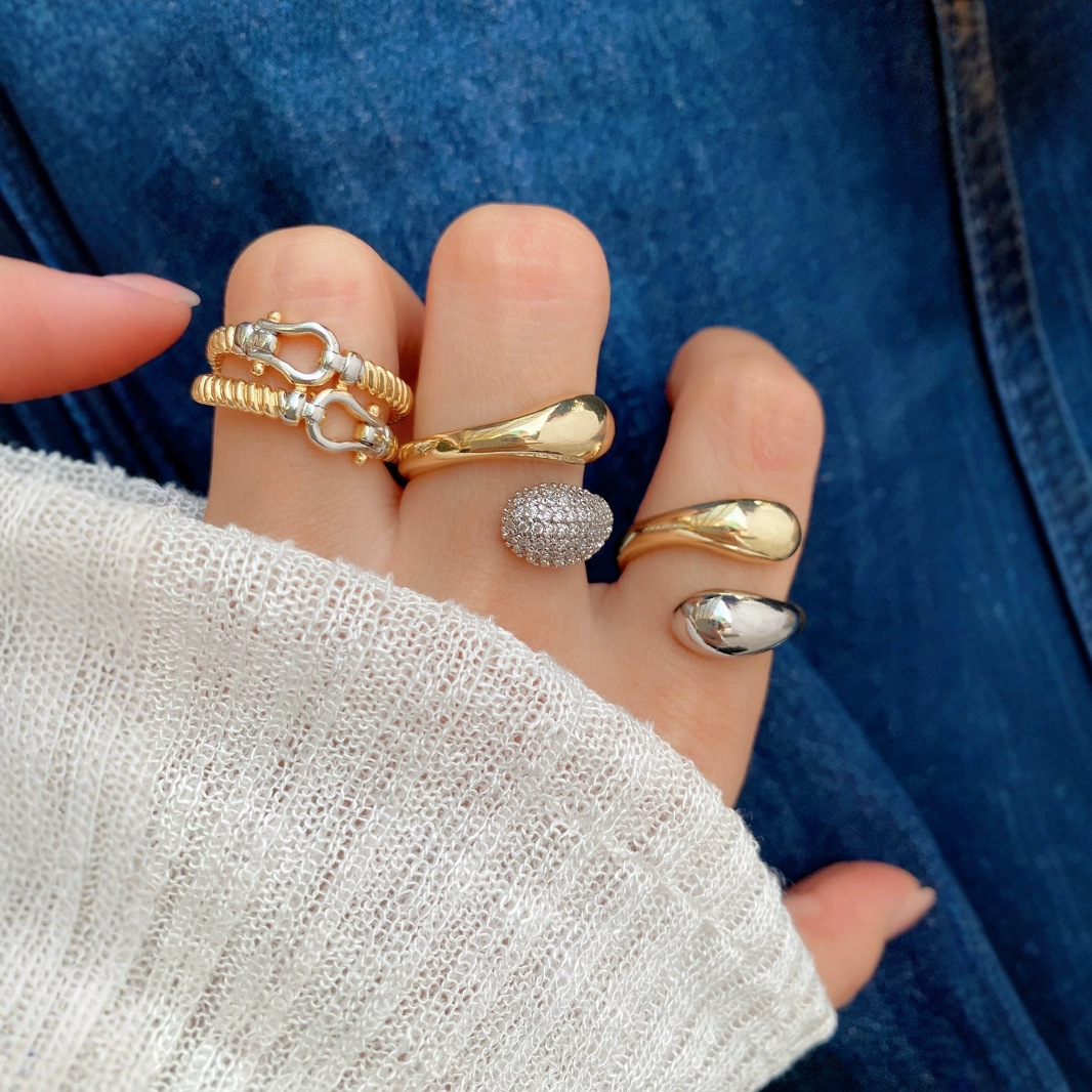 Fashion Adjustable Open Ring 18k Gold Plated Copper Cubic Zirconia Horseshoe Buckle Water Drop Minimalist For Women