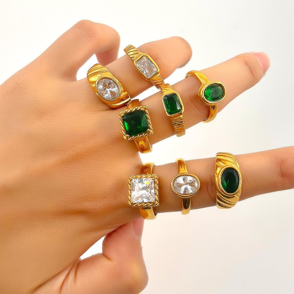 Vintage Stainless Steel Open Adjustable Ring With Oval Square Zirconia Gold Plated Geometric Texture Ring For Women Party Daily Jewelry Accessory