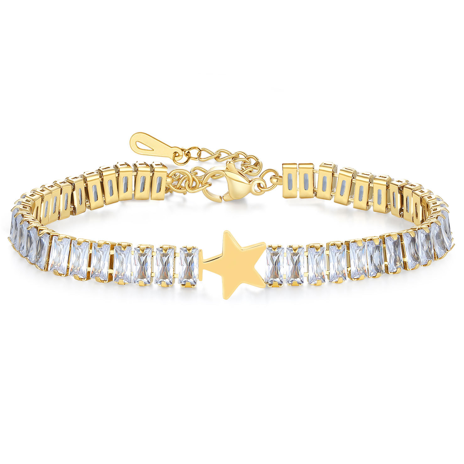 Stainless Steel Bracelet For Women Square Cubic Zirconia Star Charm Adjustable Link Chain Elegant Fashion Jewelry