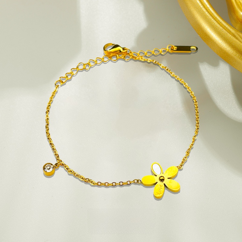 Stainless Steel Flower Pendant Bracelet With Zircon Rhinestone Five-Petal Clover Love Engraved Jewelry For Women