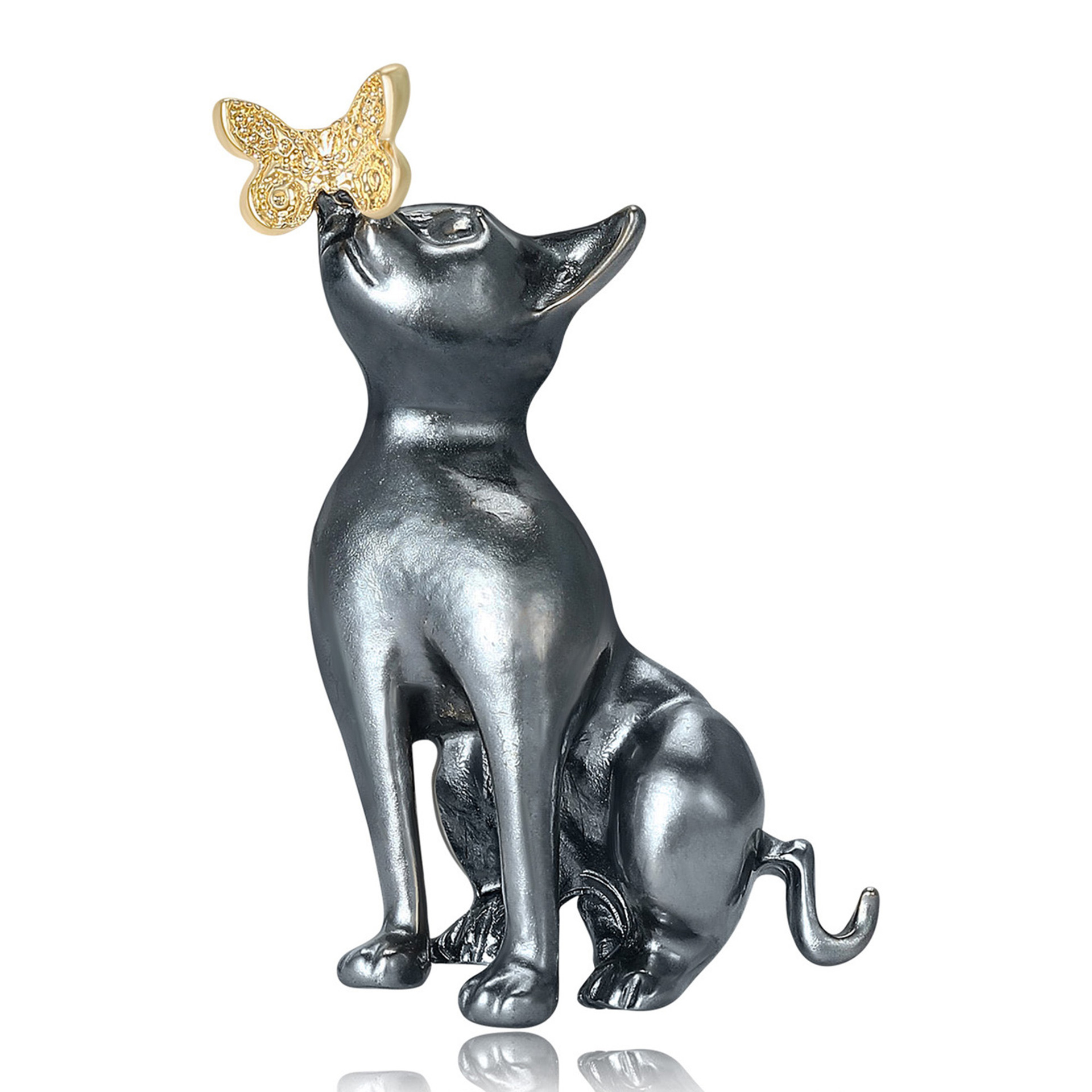 Cute Alloy Enamel Cat Looking At Butterfly Brooch Pin Grey Metal Animal Shape Pin With Gold Plated Butterfly For Women Girls Daily Clothing Decoration Accessories
