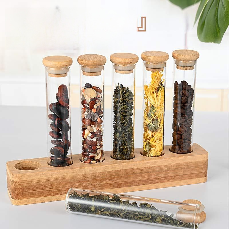 Airtight Coffee Bean Storage Jar Set High Borosilicate Glass Test Tubes With Bamboo Wood Display Rack Moisture-proof Sealing Organizer For Kitchen Bar Cafe Home Decoration