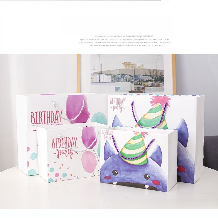 Cartoon Birthday Party Gift Bag White Cardboard Tote With Braided Handle For Kids Return Gifts Watercolor Balloon Monster Pattern Large Medium Small