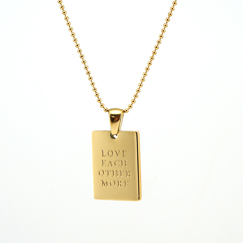 18K Gold Plated Stainless Steel Rectangular Tag Pendant Necklace With Ball Chain Engraved Inspirational Quote Love Each Other More Breathe Jewelry For Women Girls