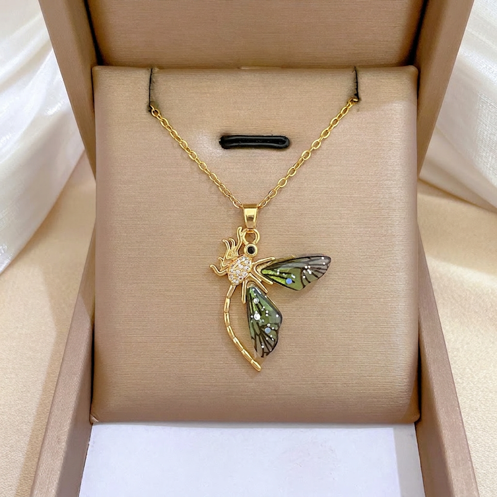 Dragonfly Pendant Necklace Stainless Steel Chain And Copper Pendant With Rhinestones Colorful Wings Elegant Jewelry For Women