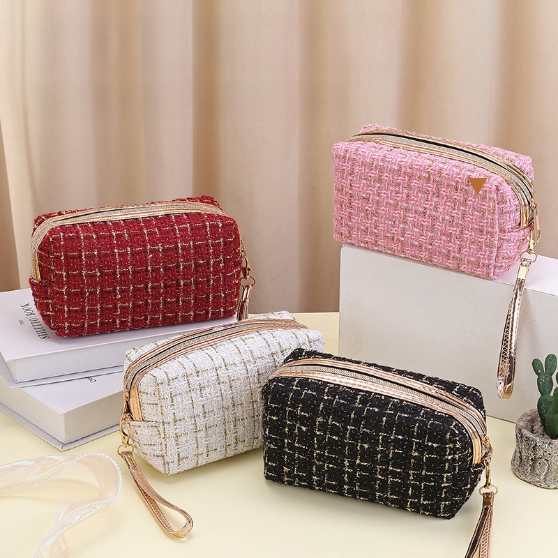 Rectangular Tweed Cosmetic Bag Large Capacity Gold Thread Polyester Toiletry Bag For Travel Makeup Storage Portable Handle Organizer Handbag For Women