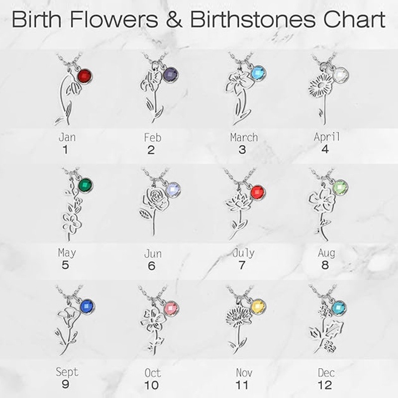 Birth Flower Pendant Necklace With Round Zirconia Birthstone 12 Months Personalized Stainless Steel Jewelry For Women Daily Fashion Gift