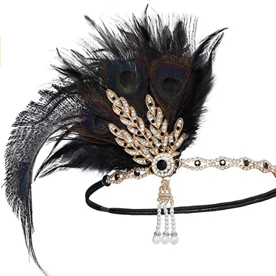 Vintage 1920s Gatsby Feather Headband Alloy Rhinestone Pearl Tassel Hair Band For Women Great Gatsby Theme Party Prom Wedding Flapper Hair Accessories