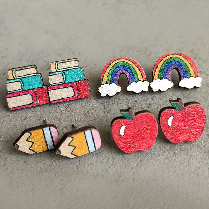 Wooden Stud Earrings With Steel Pin Cute Pencil Apple Rainbow Book Stack Teacher Appreciation Gift Back To School Classroom Supplies Cartoon Jewelry For Women Girls