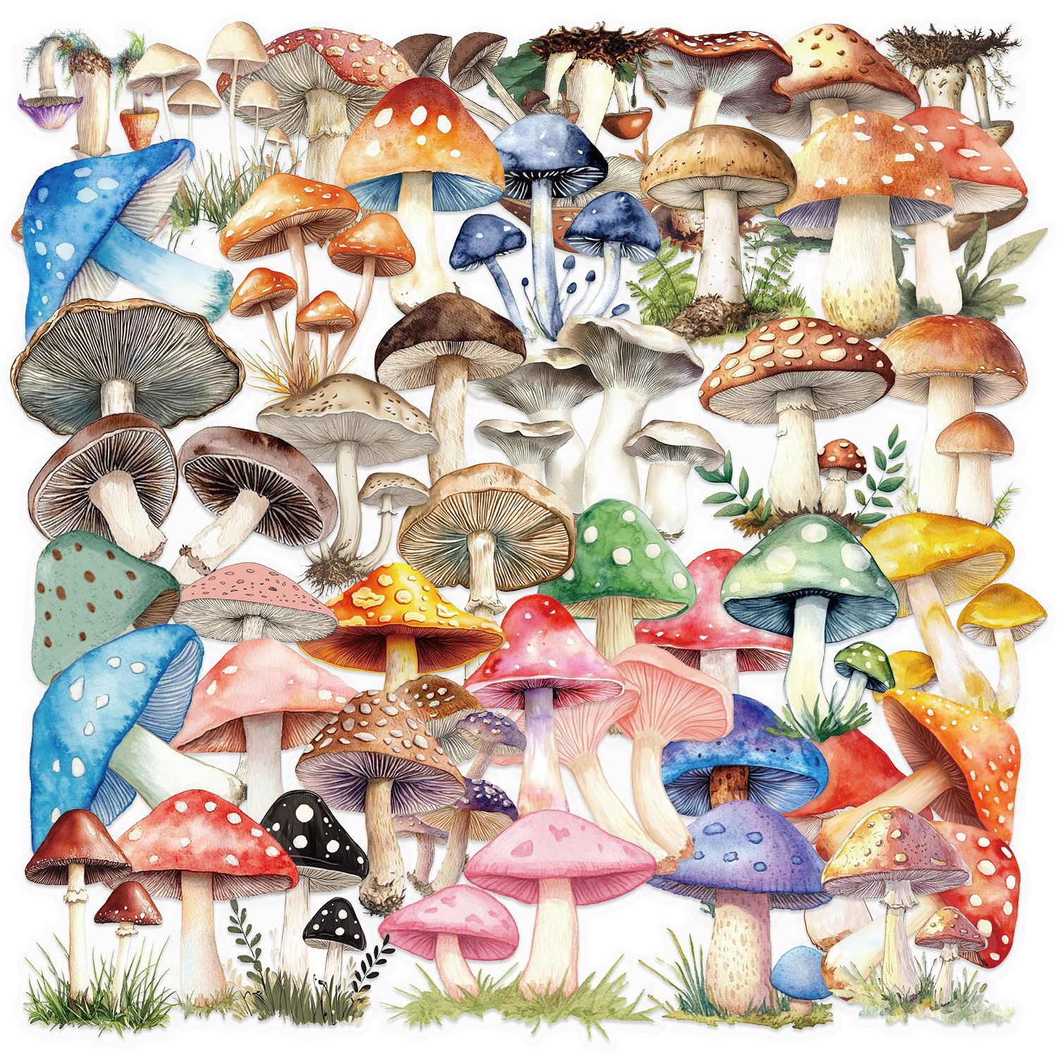 50Pcs Cartoon Mushroom Stickers Transparent PET Waterproof Decorative Decals For Journaling Laptop Guitar Aesthetic Watercolor Hand Account Scrapbooking Supplies