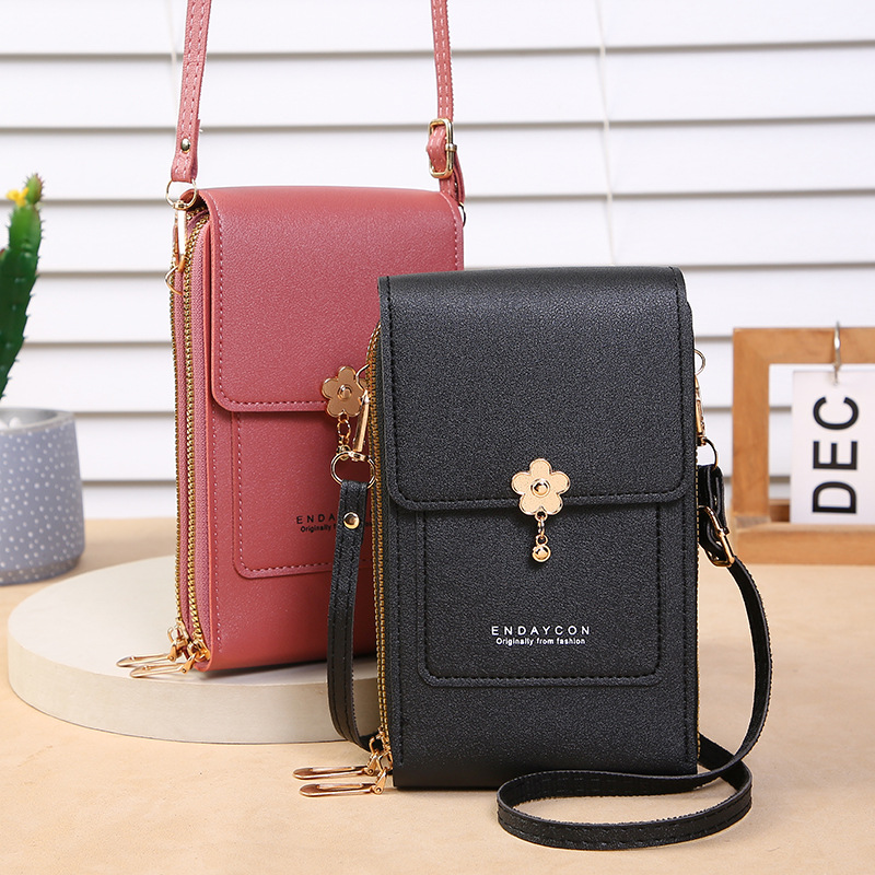 Sweet Floral PU Leather Mobile Phone Bag For Women Double Zipper Touch Screen Crossbody Shoulder Bag Small Square Wallet Purse With Adjustable Strap