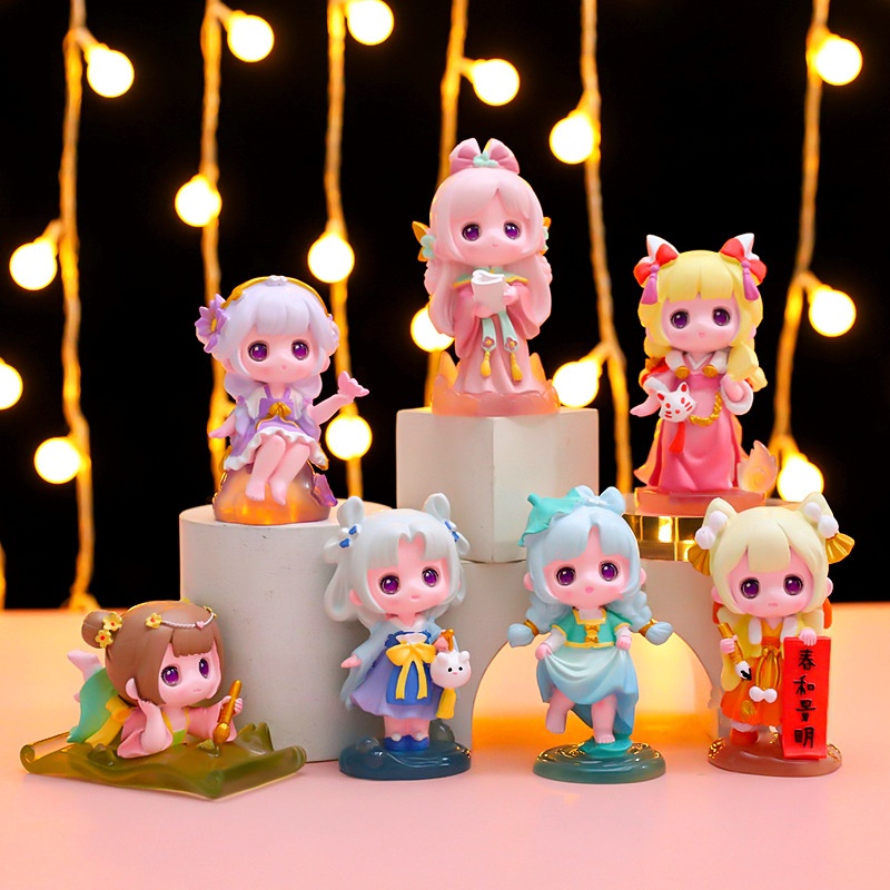 Cute Q-Version Ancient Chinese Hanfu Girl Blind Box Figures Resin PVC Mystery Box Desktop Ornaments Trendy Cartoon Animal Statues Collection Mystery Gift For Home Office Decor