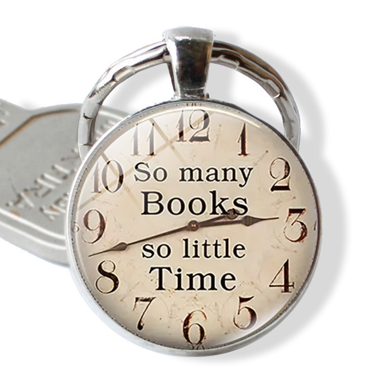 Retro Clock Pattern Metal Keychain With So Many Books So Little Time Quote Alloy Glass Cabochon Keyring For Book Lovers Gift For Men Women