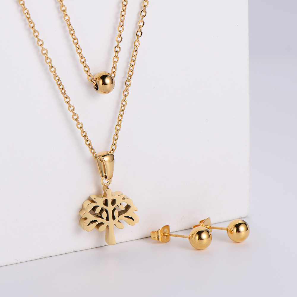 Tree Of Life Jewelry Stainless Steel Double Layer Necklace And Ball Stud Earrings Hollow Plant Design For Women