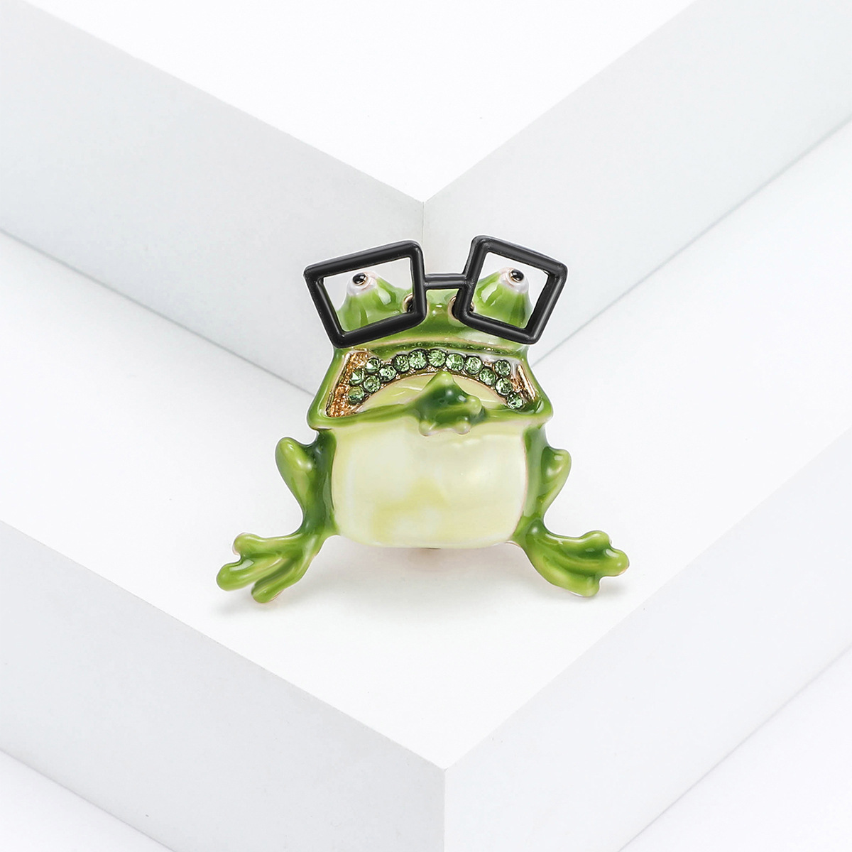 Trendy Creative Alloy Enamel Frog Brooch With Glasses Green Rhinestone Animal Pin Jewelry Accessory For Women Suits Dress Decor