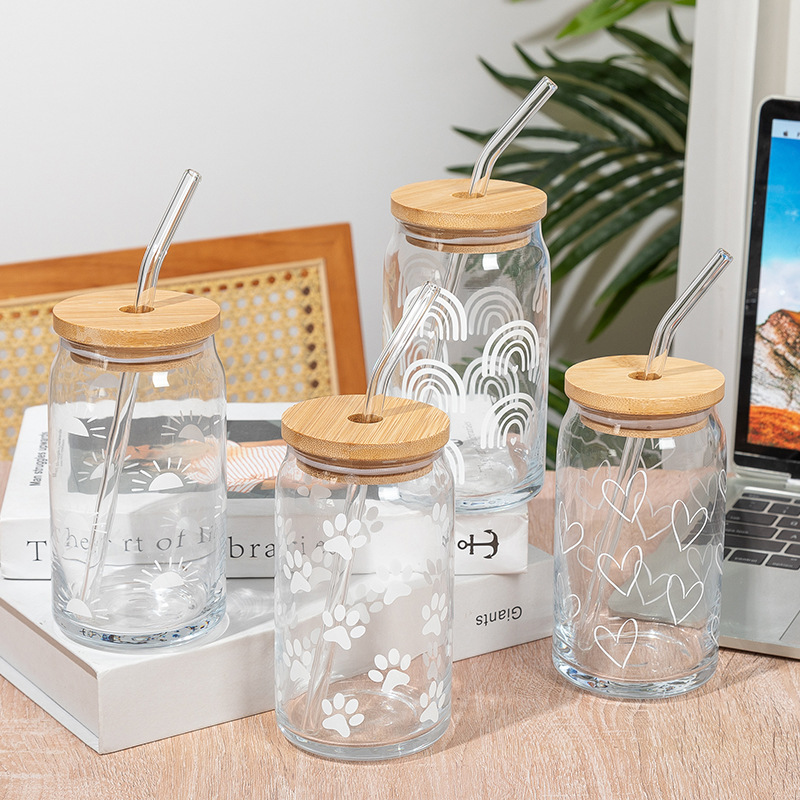 500ml Soda Lime Glass Can Shaped Cup With Bamboo Lid And Glass Straw Printed Transparent Water Bottle For Cold Drinks Coke Coffee Juice Beer Home Kitchen Use