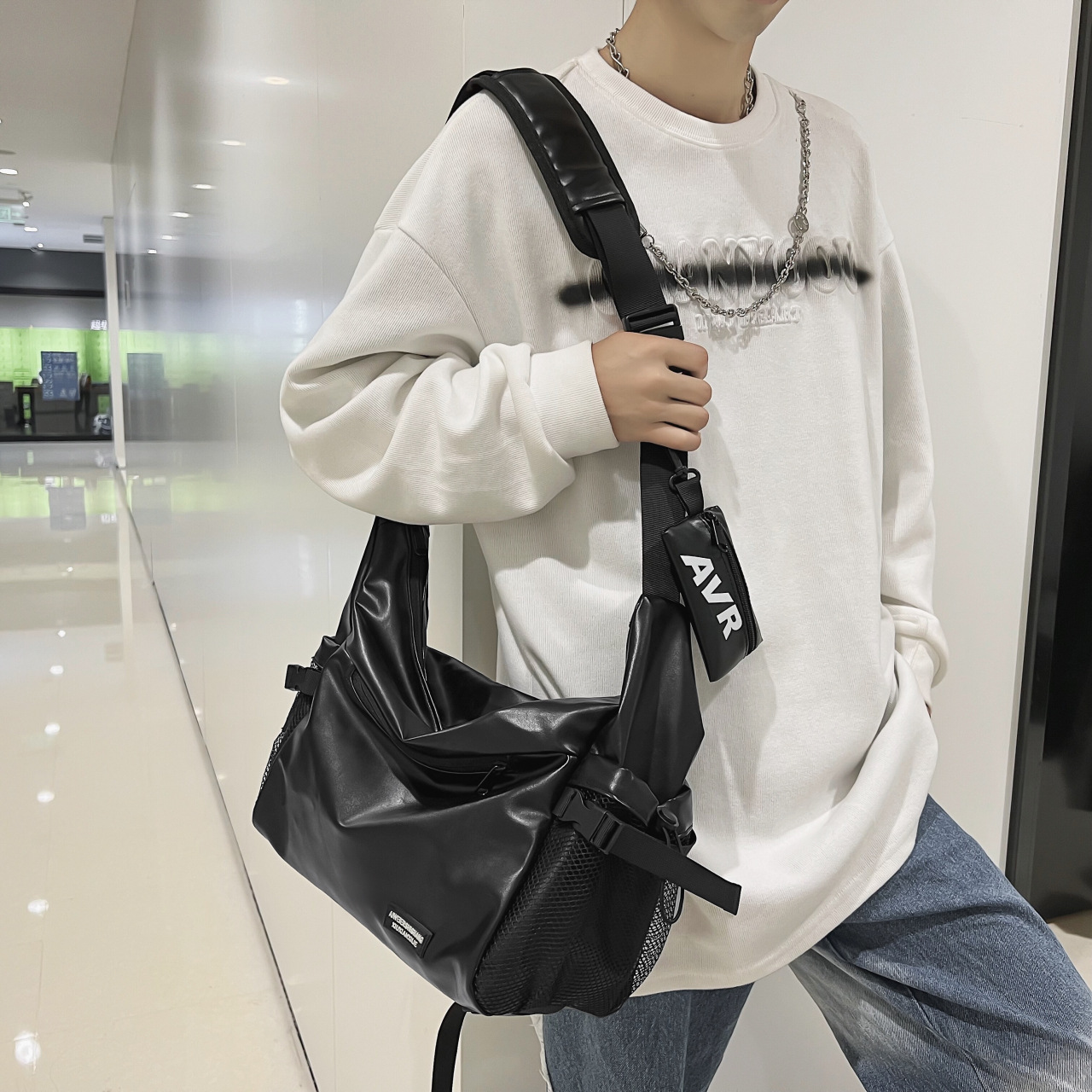 Large Capacity Men's Messenger Bag PU Leather Nylon Crossbody Bag Techwear Streetwear Shoulder Bag With Small Pouch Accessory For Daily Travel Casual Sport Messenger Bag