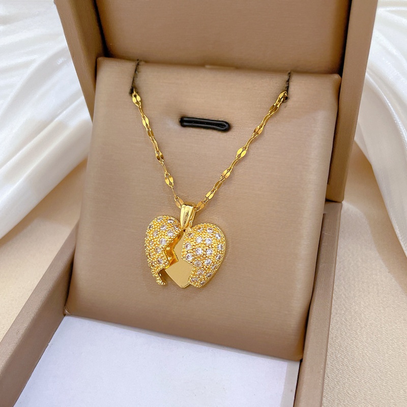 Fashion Broken Heart Pendant Necklace Women Stainless Steel Chain Copper Inlaid Zirconia Rhinestone Jewelry Accessory Gift