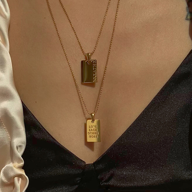 Stainless Steel Gold Plated Rectangular Pendant Necklace Women Inspirational Lettering BREATHE LOVE EACH OTHER MORE Bead Chain Minimalist Jewelry Gift