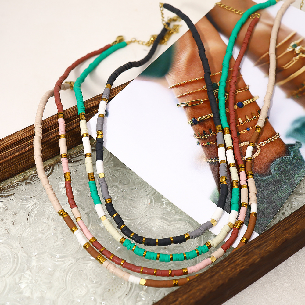 Polymer Clay Heishi Beads Necklace Stainless Steel 14K Gold Plated Bohemian Summer Beach Colorful Jewelry For Women
