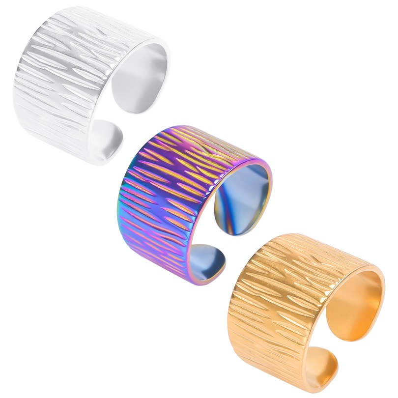 Vintage Bark Texture Ring Stainless Steel Wide Band Adjustable Open Ring For Men Women Retro Punk Fashion Jewelry
