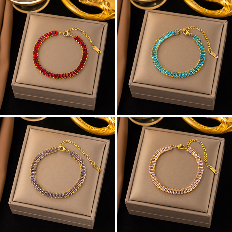 18K Gold Plated Stainless Steel Square Zirconia Bracelet Luxury Colorful Rectangle Step-Cut Gemstone Tennis Bracelet For Women Fashion Jewelry Gift