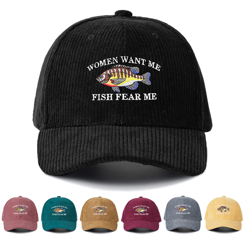Women Want Me Fish Fear Me Corduroy Baseball Cap Letter Embroidery Funny Fishing Hat Adjustable Sunshade Casual Sports Cap For Men Women