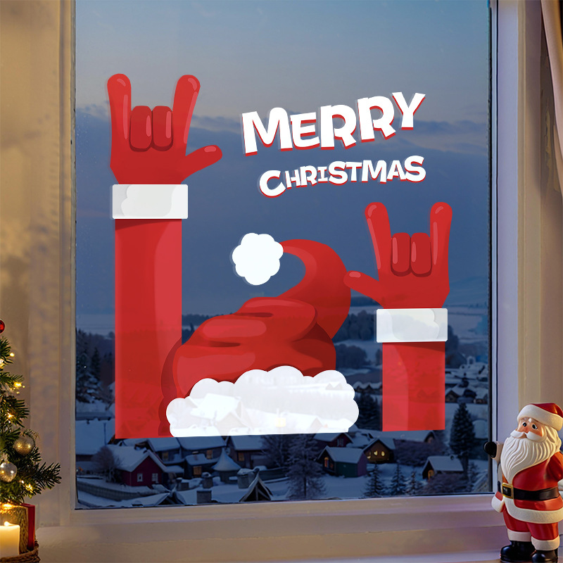 Christmas Static Cling Window Sticker Red Santa Hat Rock Gesture Double Sided UV Printed PVC Decal For Shop Store Glass Door Home Festive Party Decoration Merry Christmas